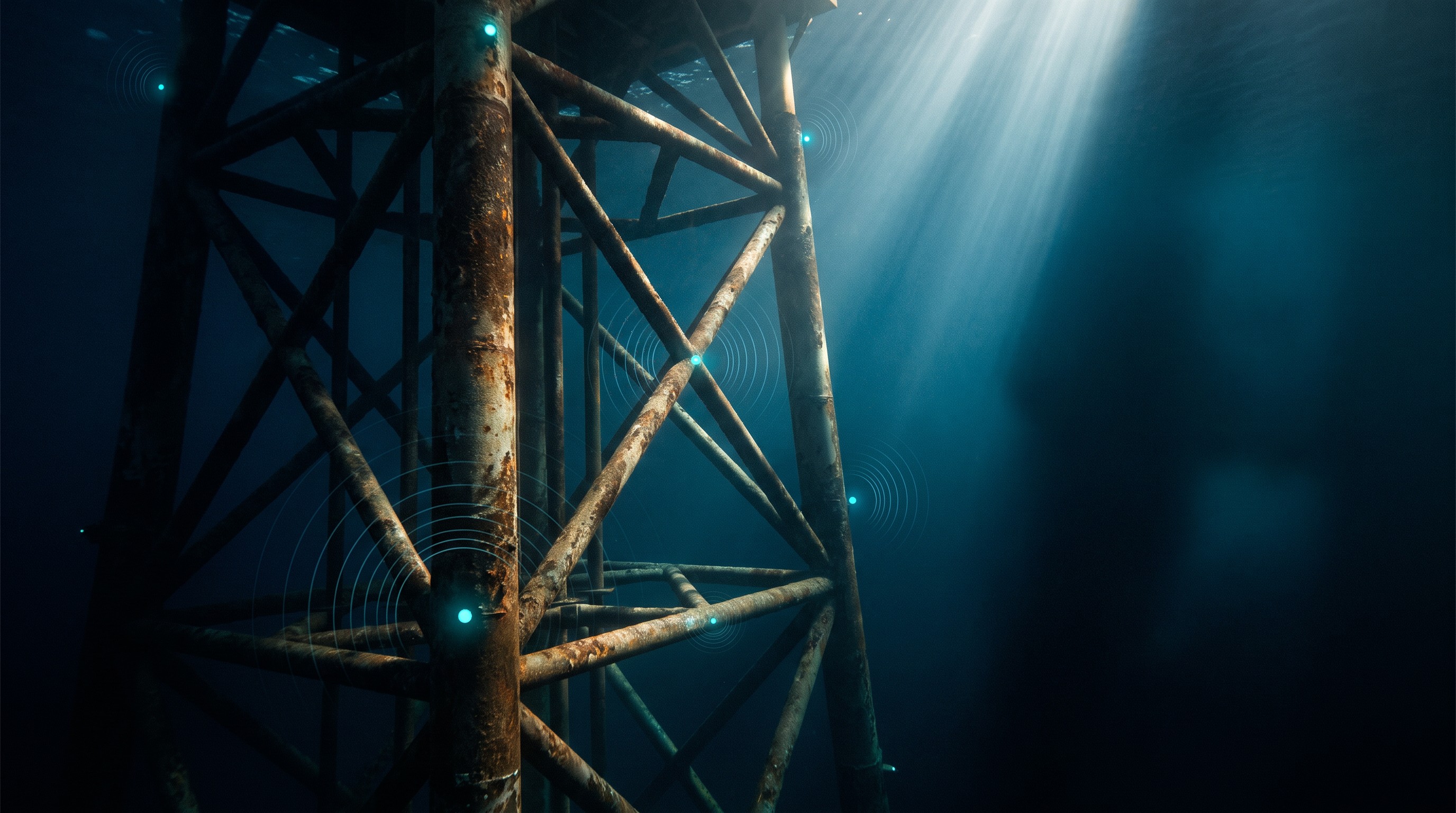 Offshore platform jacket structure seen from beyond the surface